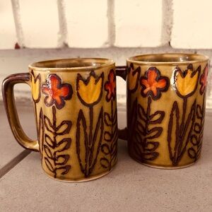 Mid Century Tulips and Daisies Flower Mugs | Set of 2 |Coffee Cups Otagari Style